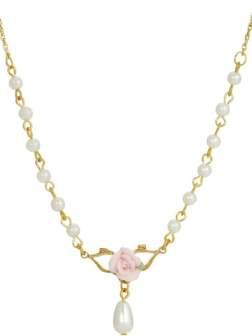 Handmade Floral Pendant Necklace with Porcelain Rose & Faux Pearls, 16" + 3
